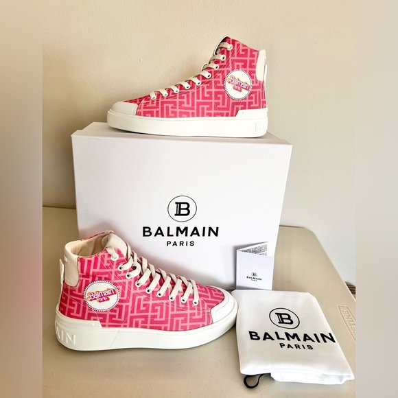NIB Balmain X Barbie Pink Sneakers EU 40 US 10 Women’s High Top Lace Up B Court - Picture 2 of 10